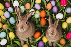 Ostern 2024 Zwei Hasen auf einer grünen Wiese mit vielen bunten Ostereiern